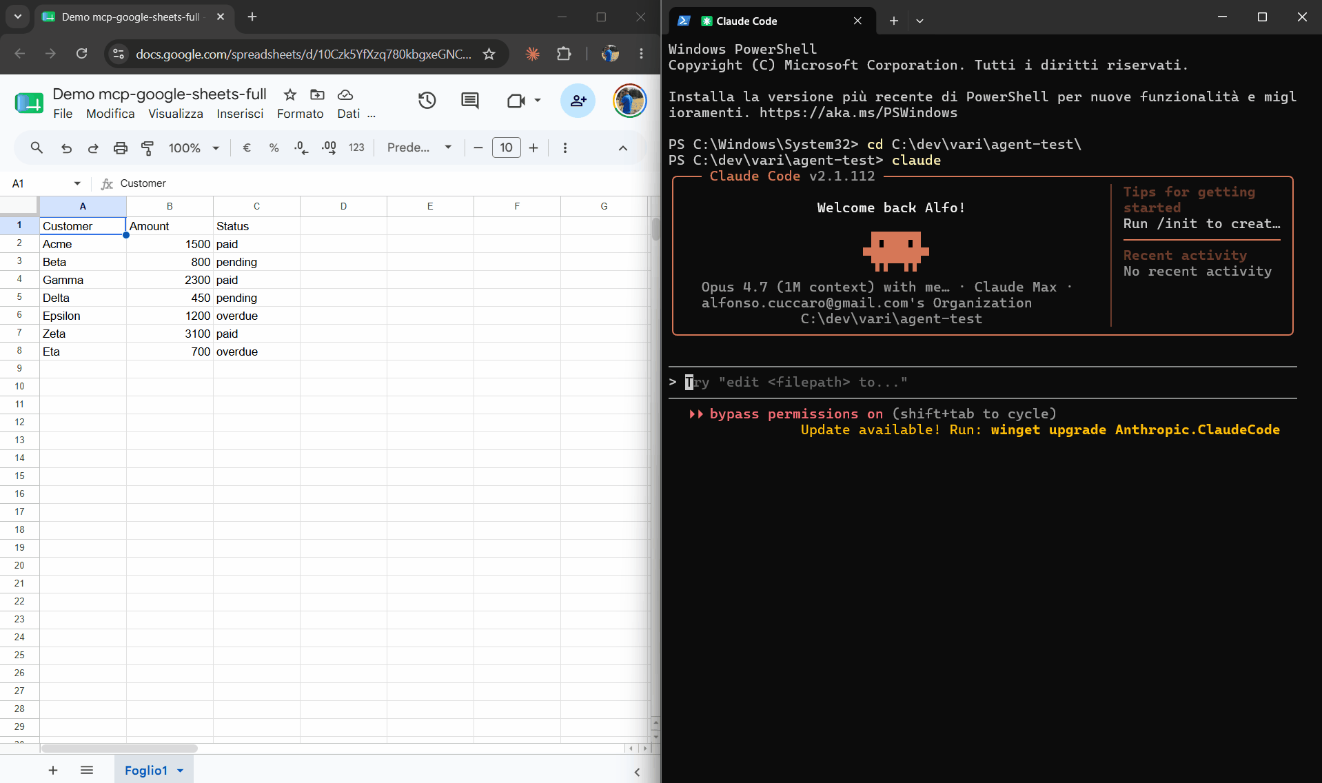 Claude editing a Google Sheet via mcp-google-sheets-full in real time